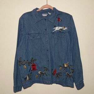 Breckennage Embroidered Bird Blue Denim Button Down 100% Cotton Shirt Size M